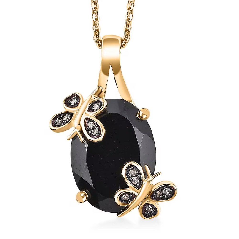 Thai Black Spinel & Natural Champagne Diamond + 18K Vermeil Sterling Silver 925